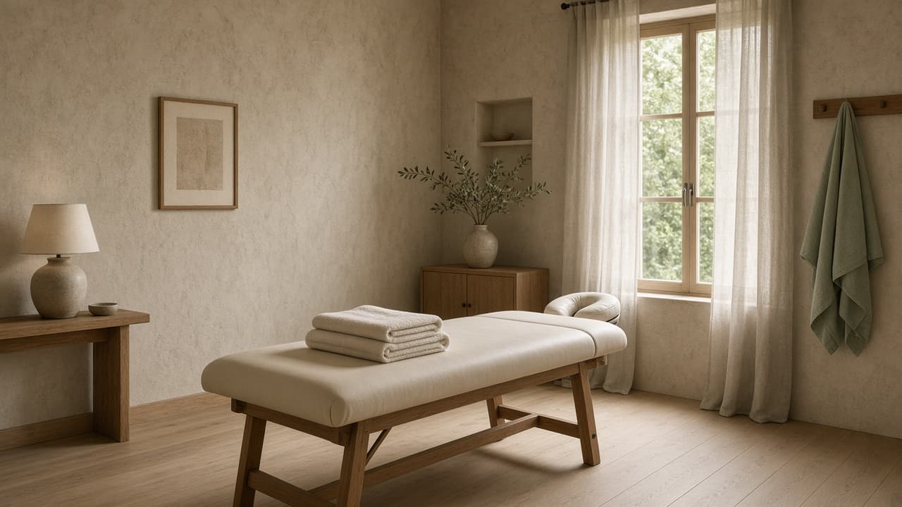 A quiet treatment room with soft daylight, pale wood, and folded linen.